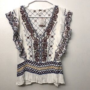Free People embroidered short sleeve with ruffle detail beaded v neck crop trim